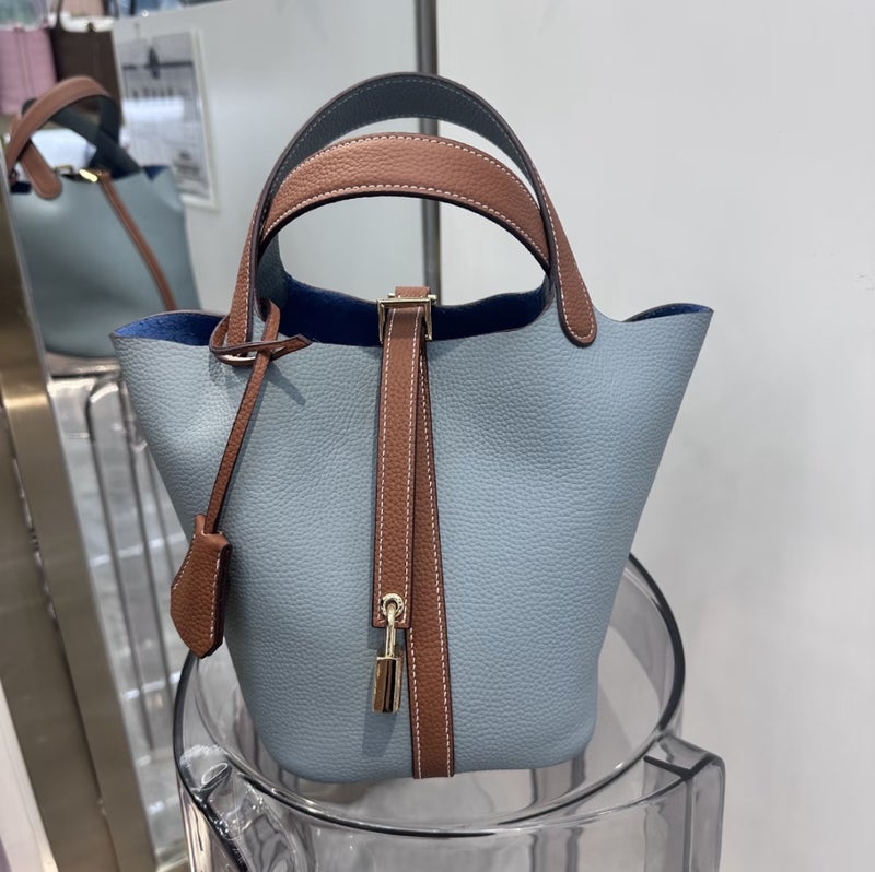 High Texture First Layer Cowhide Vegetable Basket Small Bucket Bag Casual All-Match Litchi Pattern Portable Shoulder Bag - Image 5