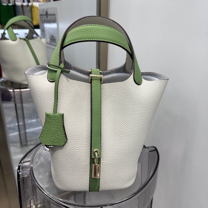 High Texture First Layer Cowhide Vegetable Basket Small Bucket Bag Casual All-Match Litchi Pattern Portable Shoulder Bag - Image 1