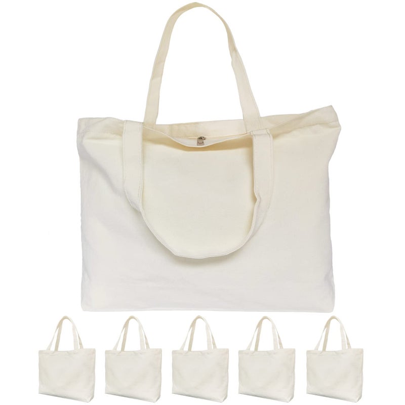 Koolmox Canvas Tote Bags with Zipper 6Pack 17x14 Cotton Tote Bag with Flat Bottom Reusable Washable Grocery Shopping Bags Plain Totes for Women DIY Art Crafts Painting Embroidery Decoration
