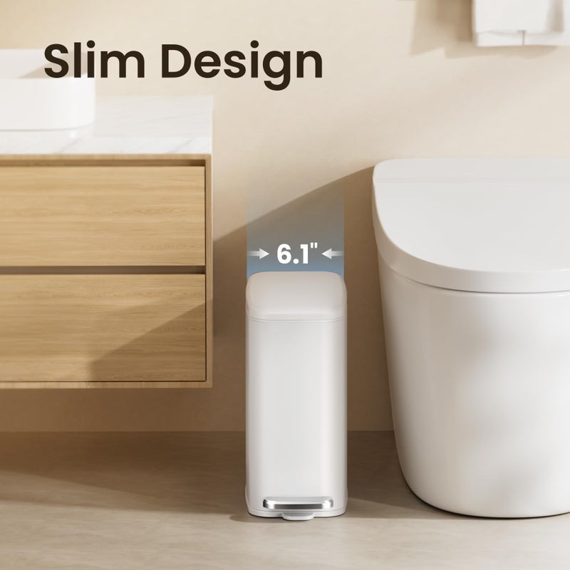 Cesun Slim Bathroom Trash Can with Lid Soft Close, 6L/1.6 Gallon Stainless Steel Small Garbage Can with Foot Pedal and Removable Inner Bucket, Slim Wastebasket for Bathroom, Office, Toilet (White) - Image 2