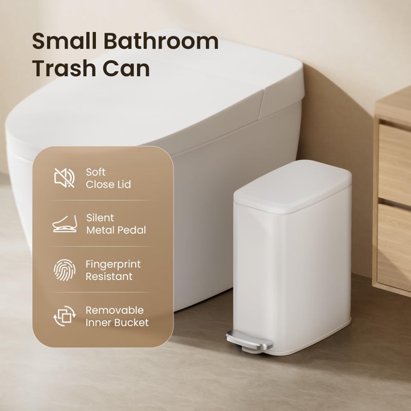 Cesun Slim Bathroom Trash Can with Lid Soft Close, 6L/1.6 Gallon Stainless Steel Small Garbage Can with Foot Pedal and Removable Inner Bucket, Slim Wastebasket for Bathroom, Office, Toilet (White) - Image 4