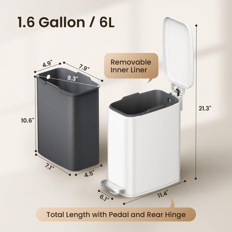 Cesun Slim Bathroom Trash Can with Lid Soft Close, 6L/1.6 Gallon Stainless Steel Small Garbage Can with Foot Pedal and Removable Inner Bucket, Slim Wastebasket for Bathroom, Office, Toilet (White) - Image 5