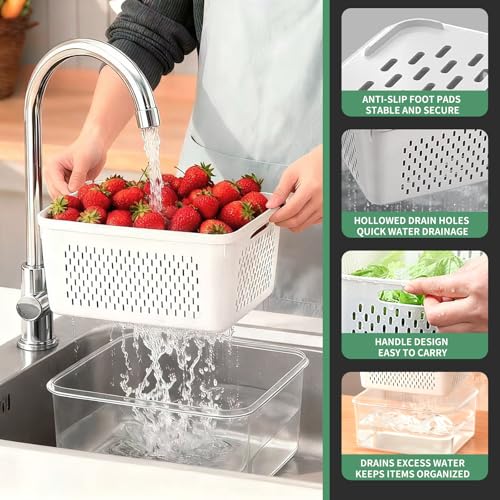 Piszvbej 3 Pcs Fruit Containers for Fridge, Strawberry Storage Containers for Fridge, Food Storage Container with Airtight Lid, Removable Colander Basket for Rinsing and Draining, Keep Produce Fresh Longer - Image 3