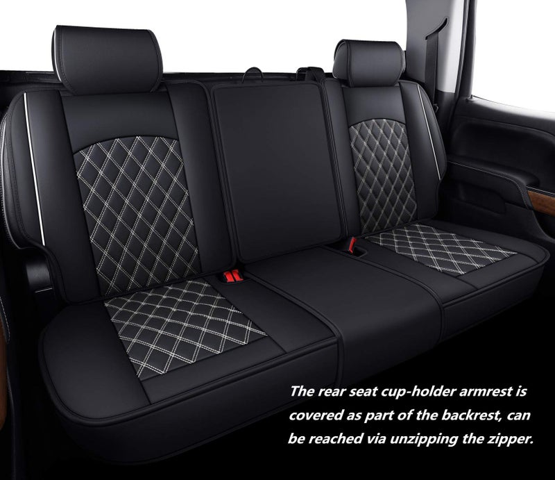 Aierxuan Seat Covers for Cars Pickup 2007-2024 GMC Sierra Chevy Chevrolet Silverado 1500 2500HD 3500HD Trail Boss Z71 Crew Double Extended Cab Waterproof Leather (Full Set, Black-White) - Image 3