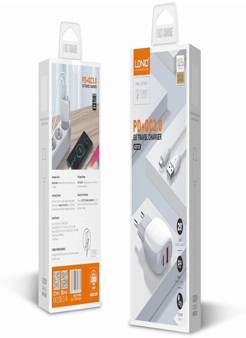 LDNIO A2313C Mobile Phone Charger EU Plug With Lightning Cable And USB Type C Ports - White