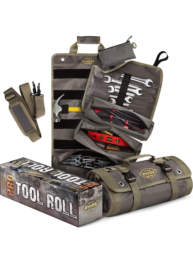 PROMASS promass Pro Official Tool Roll Organizer - 4 Detachable Tool Pouches + Detachable Wrench Organizer, Heavy Duty Tool Bags for men + women Mechanic & Electrician Tools Storage Roll Up Tool Bag  - Image 1