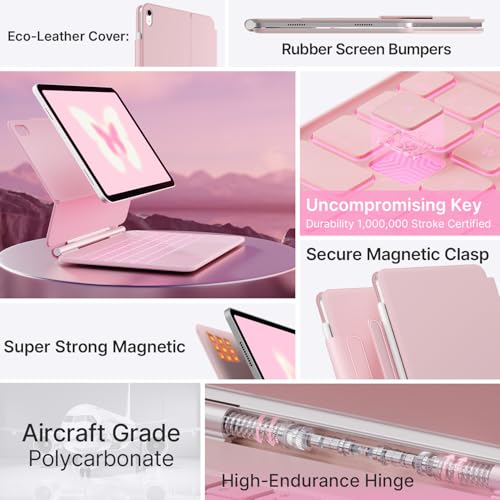 typecase حافظة لوحة المفاتيح Typecase Edge لجهاز iPad الجيل 11 A16 (2025) و الجيل 10 10.9" (2022) – لوحة مفاتيح سحرية مضاءة بـ 11 لونًا مع لوحة تتبع متعددة اللمس – حامل مغناطيسي عائم، حامل قلم – وردي فاتح - Image 5