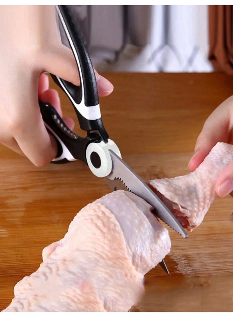 Multi-purpose professional kitchen shears | Sharp and durable food and poultry shears | Stainless steel blades | Ergonomic handle for easy cutting of vegetables and meat | Black and white color - Image 3