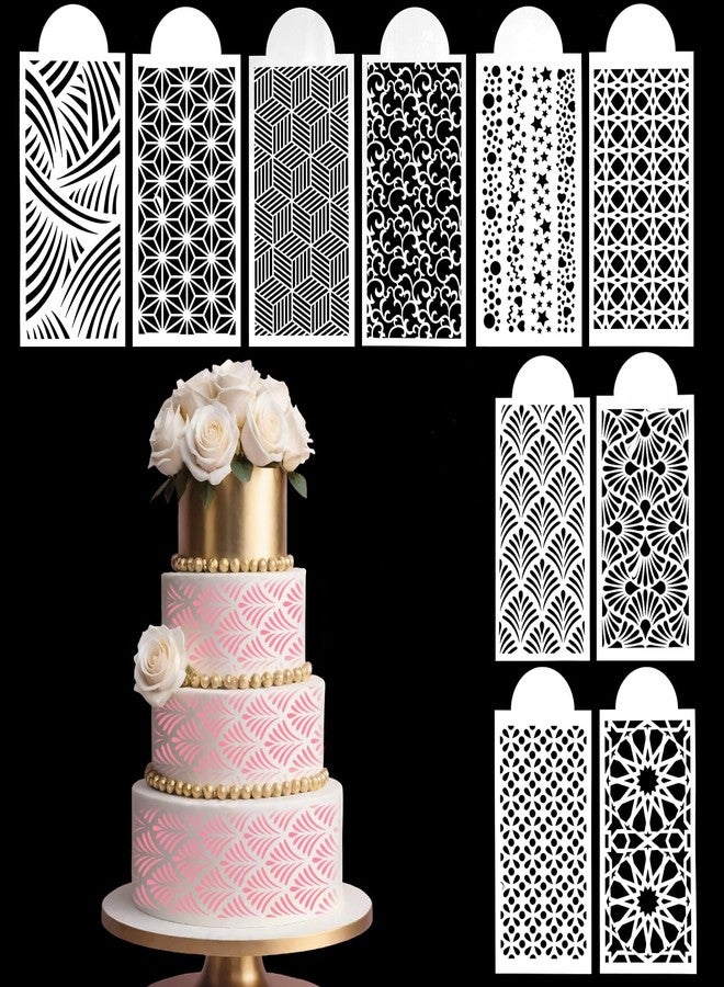 Zyghjort 10 Psc Cake Stencils Mesh Floral Stencils for Cakes Decorating Supplies, Cake Stencil for Buttercream DIY Side Baking Stencil Reusable Templates for Fondant Cookie Wedding - Image 1