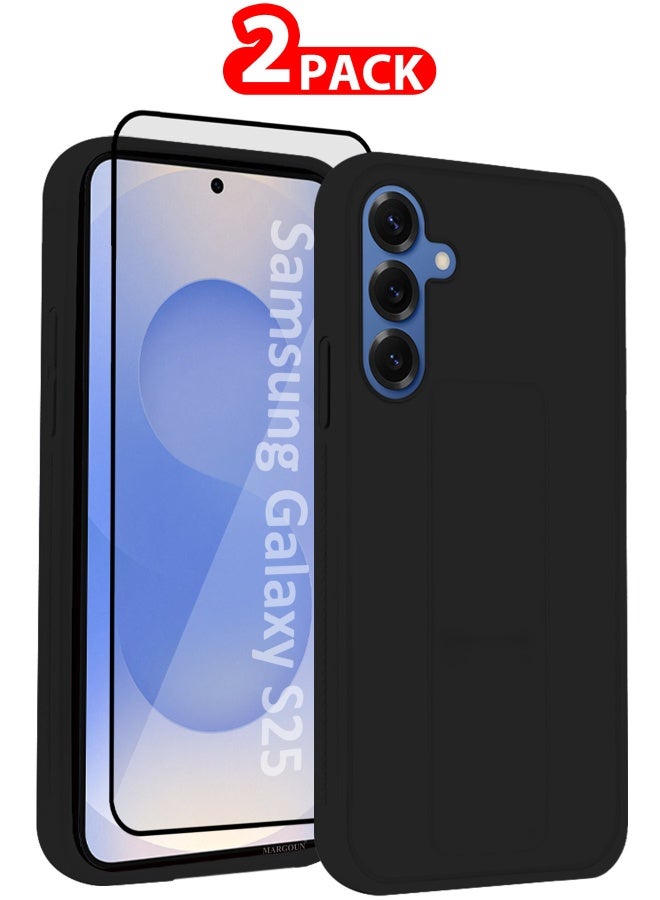 DUSALA Galaxy S25 2Packs Case Silicone with Stand Function Shockproof and Anti Scratch Finger Grip Case Cover with 1 Privacy Screen Protector / Black Black-2p - Image 1