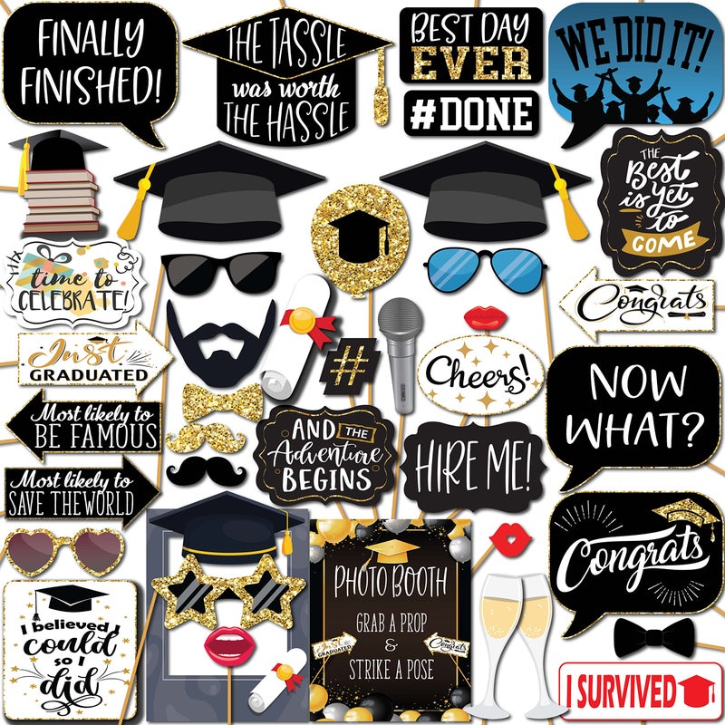 Graduation Photo Booth Props  41pc Photobooth Kit with 8 x 10Inch Sign 60 Adhesive Pads 45 Sticks  Graduation Props  Graduation Picture Props  Grad Photo Booth Props