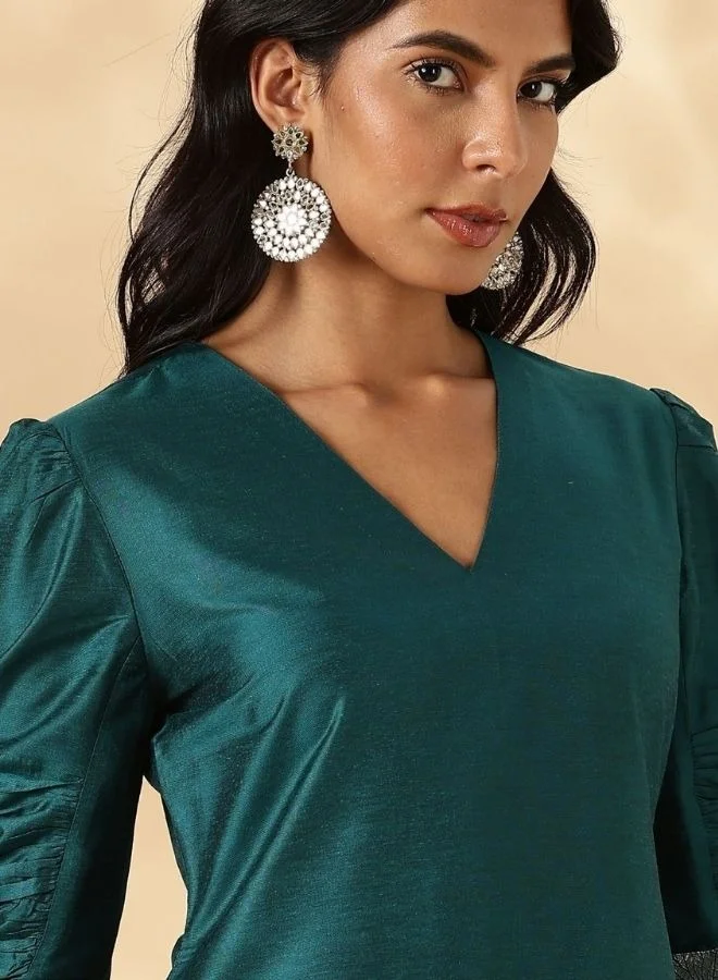 أبهشتي Teal Ruched-Sleeve Kurta Pant set