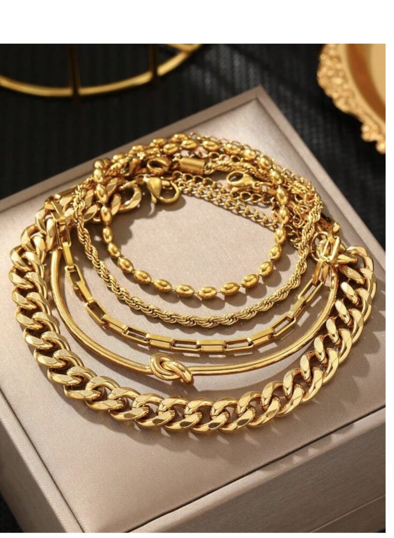YUCCA 5pcs Women's Gold Plated Stainless Steel Chain Bracelet Set Can Be Detached and Worn Separately, Elegant and Luxury, Suitable for Her Gift - Image 2