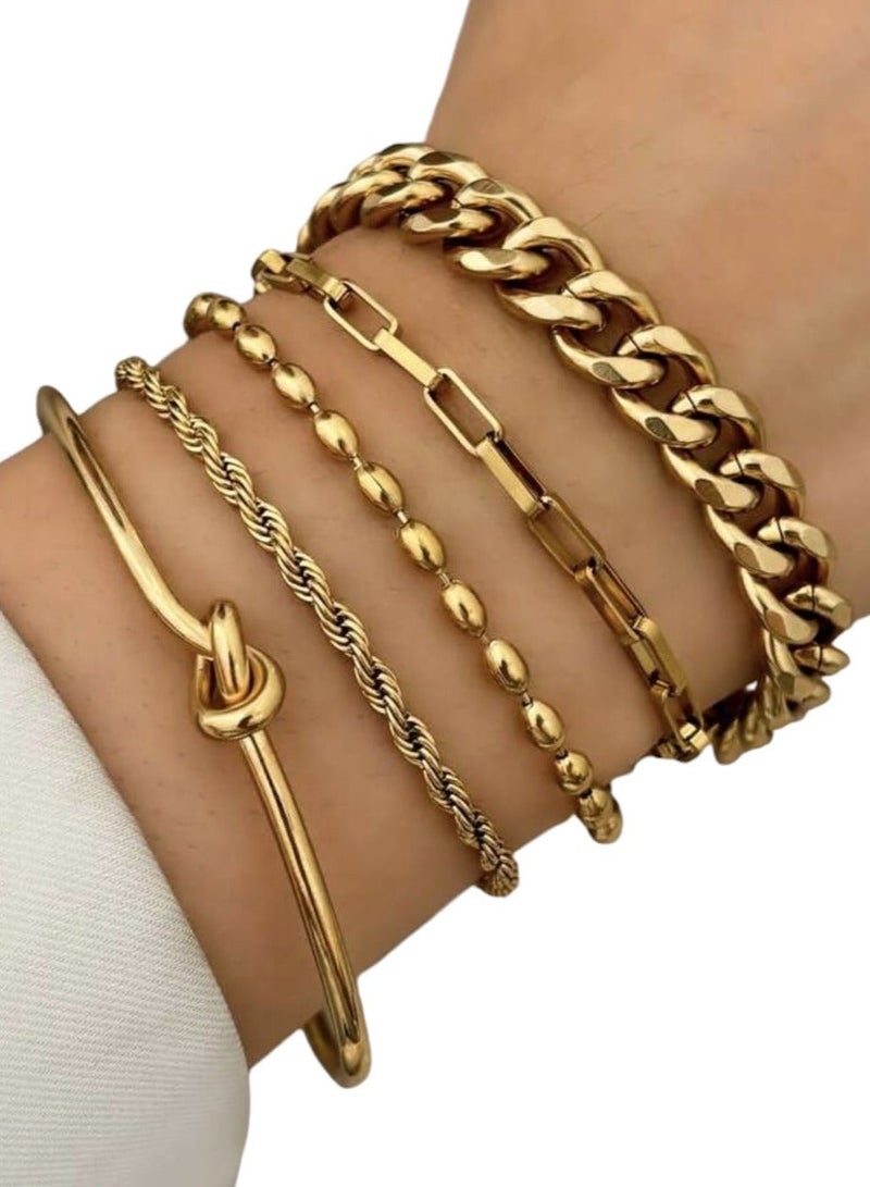 YUCCA 5pcs Women's Gold Plated Stainless Steel Chain Bracelet Set Can Be Detached and Worn Separately, Elegant and Luxury, Suitable for Her Gift - Image 1