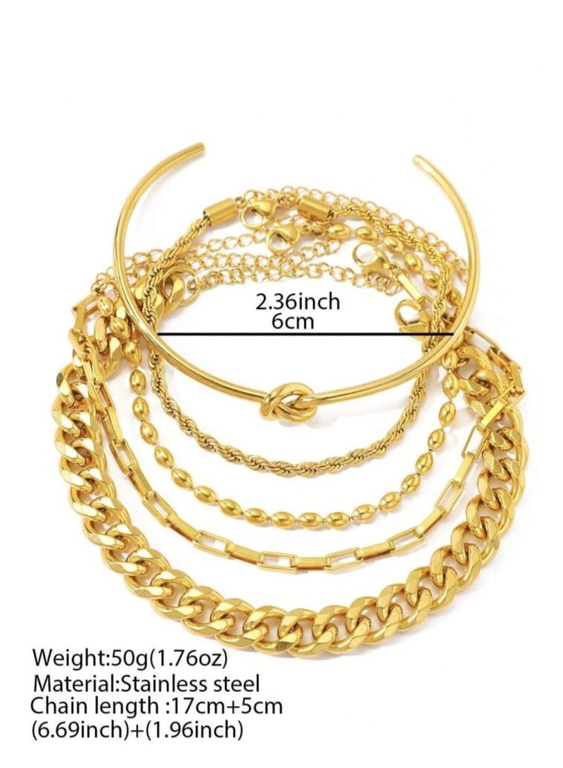 YUCCA 5pcs Women's Gold Plated Stainless Steel Chain Bracelet Set Can Be Detached and Worn Separately, Elegant and Luxury, Suitable for Her Gift - Image 3