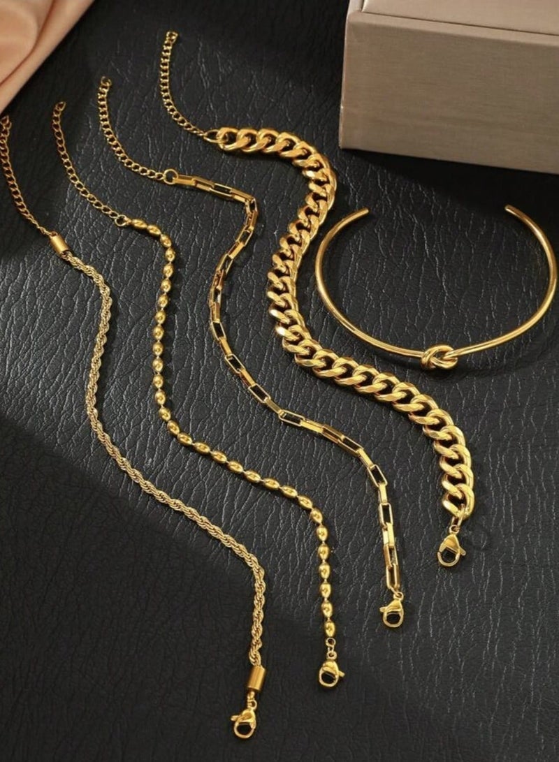 YUCCA 5pcs Women's Gold Plated Stainless Steel Chain Bracelet Set Can Be Detached and Worn Separately, Elegant and Luxury, Suitable for Her Gift - Image 5