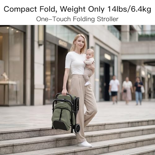 Gromast Compact Fold Baby Stroller, Lightweight Travel Toddler Stroller with One-Click Fold, Extendable UPF50+ Canopy, Cup Holder, UV Protected and Waterproof, One-Hand Folding - Green - Image 2