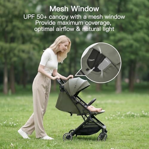 Gromast Compact Fold Baby Stroller, Lightweight Travel Toddler Stroller with One-Click Fold, Extendable UPF50+ Canopy, Cup Holder, UV Protected and Waterproof, One-Hand Folding - Green - Image 5