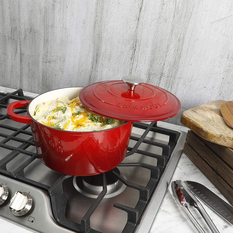 Crock-Pot Crock Pot Artisan 5-Quart Round Enameled Cast Iron Dutch Oven â€“ Red, Durable Heavy-Duty Cookware for Slow Cooking, Roasting, Baking with Lid - Image 5