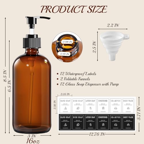 TBWIND 12 Pack Amber Glass Bottles 16oz with Pump Dispensers, Refillable Empty Pump Bottles for Bathroom, Kitchen, Shampoo, Soap, Lotion – Includes 2 Funnels & 12 Labels - Image 3