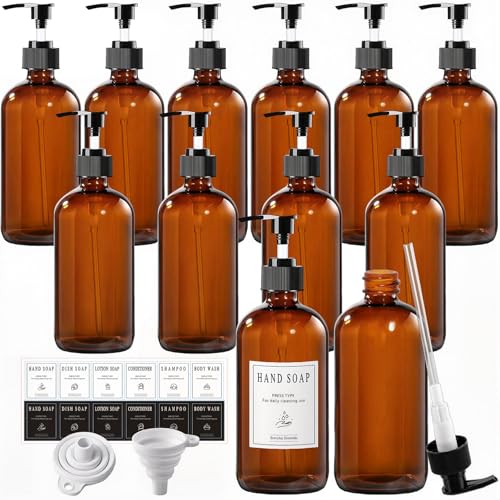TBWIND 12 Pack Amber Glass Bottles 16oz with Pump Dispensers, Refillable Empty Pump Bottles for Bathroom, Kitchen, Shampoo, Soap, Lotion – Includes 2 Funnels & 12 Labels - Image 1