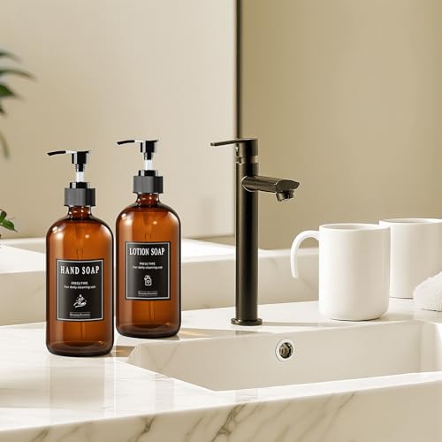 TBWIND 12 Pack Amber Glass Bottles 16oz with Pump Dispensers, Refillable Empty Pump Bottles for Bathroom, Kitchen, Shampoo, Soap, Lotion – Includes 2 Funnels & 12 Labels - Image 2