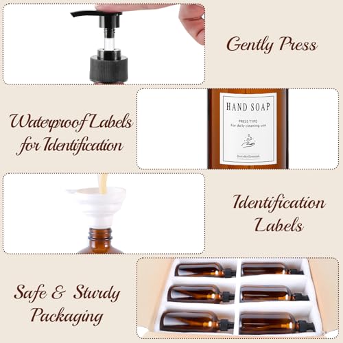 TBWIND 12 Pack Amber Glass Bottles 16oz with Pump Dispensers, Refillable Empty Pump Bottles for Bathroom, Kitchen, Shampoo, Soap, Lotion – Includes 2 Funnels & 12 Labels - Image 5