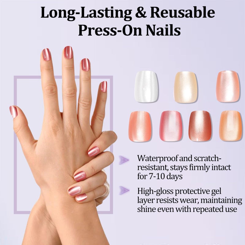 Laza 210pcs Cat Eye Press on Nails for Women 7 Colors Short Square Reusable Nail Tips in 15 Sizes Long Lasting Natural Fake Nails Stick on Artificial Acrylic False Nail Tips â€” Nude Series - Image 3