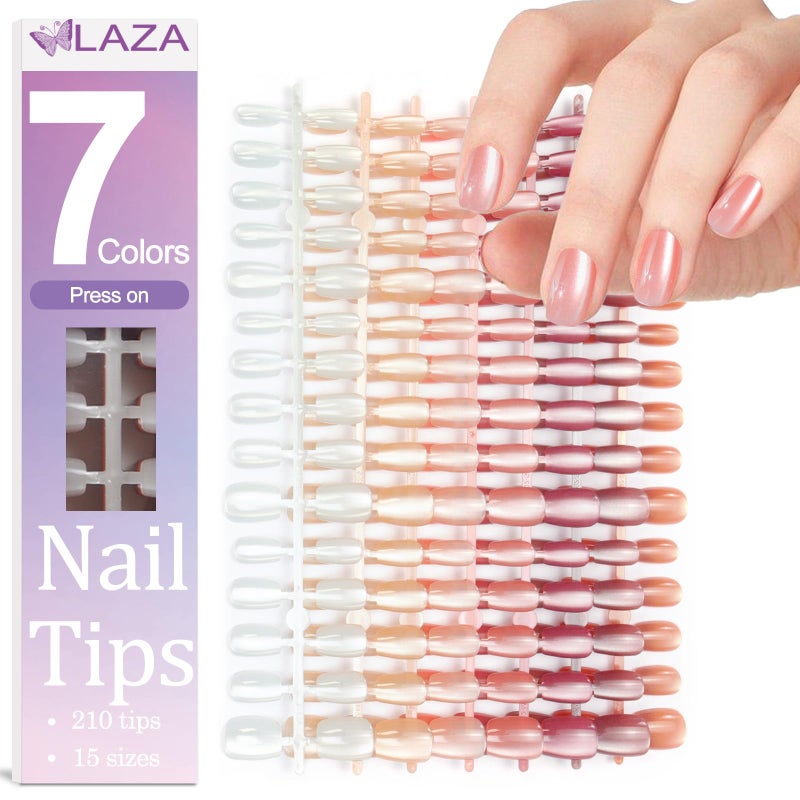 Laza 210pcs Cat Eye Press on Nails for Women 7 Colors Short Square Reusable Nail Tips in 15 Sizes Long Lasting Natural Fake Nails Stick on Artificial Acrylic False Nail Tips â€” Nude Series - Image 1