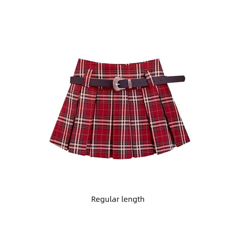 Red plaid pleated skirt, women's autumn, petite, American retro college style, A-line high waist, JK skirt, short skirt - Image 3