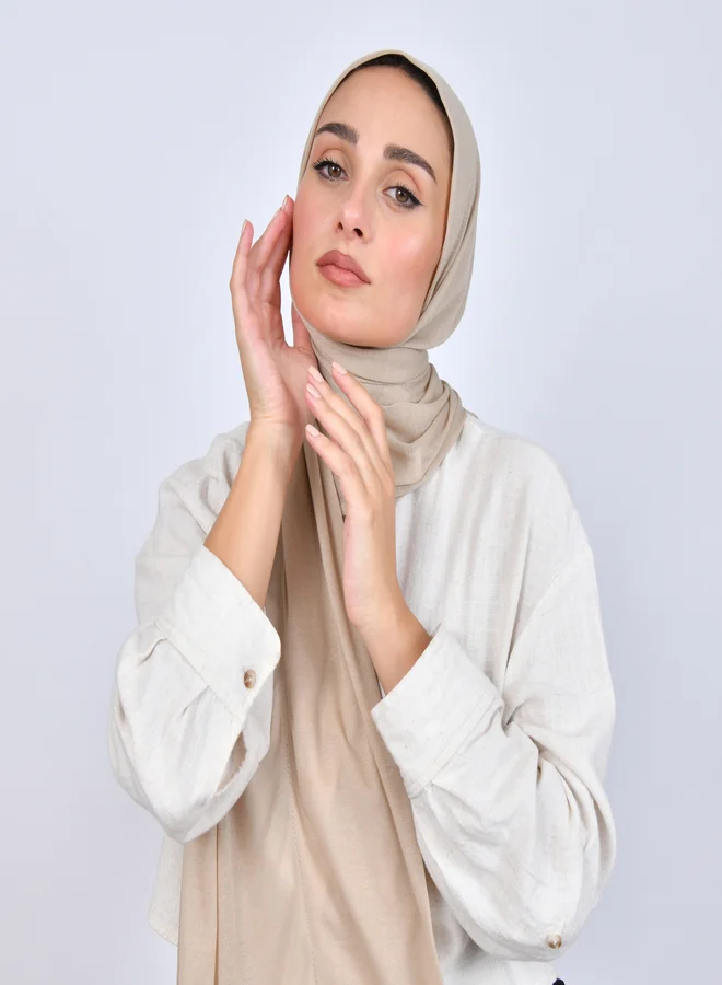 عبايات حوراء طرحة قطن ربع مبطنة من الامام بخياطة - بيج فاتح