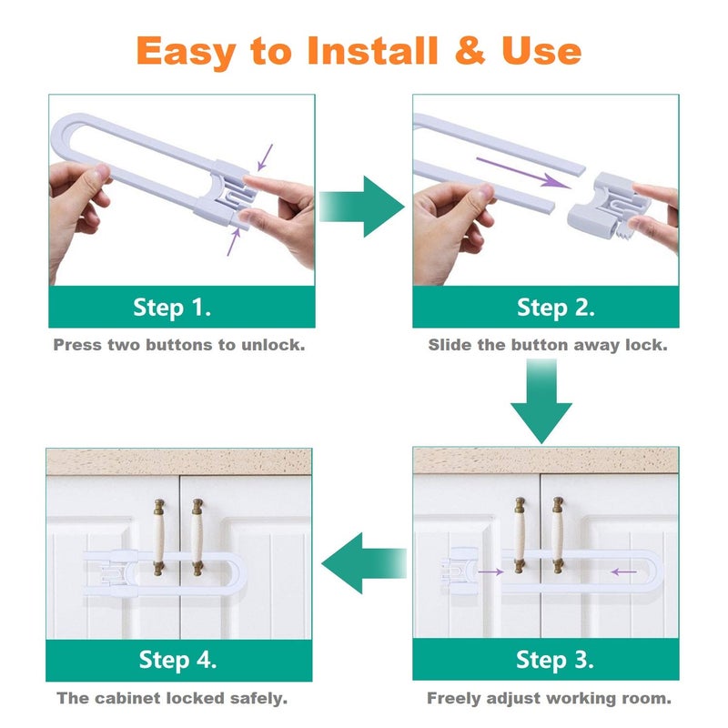 OKEFAN Sliding Cabinet Child Safety Locks - OKEFAN Baby Proofing Cabinet Lock Cupboard Latches for Kids on Closet Door Knobs Handles Pulls No Drill (10, White) - Image 3