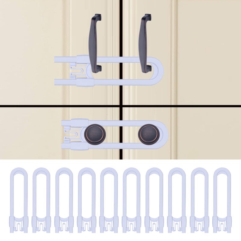 OKEFAN Sliding Cabinet Child Safety Locks - OKEFAN Baby Proofing Cabinet Lock Cupboard Latches for Kids on Closet Door Knobs Handles Pulls No Drill (10, White) - Image 2