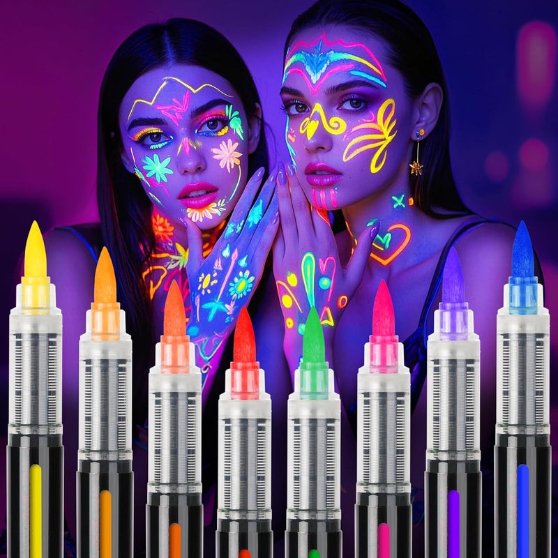 ThEast Halloween Face Paint 8 UV Neon Pens Glow in the Dark Under UV Light Body Painting Kit Tattoo Markers for Skin Washable Face Makeup for Party Favors