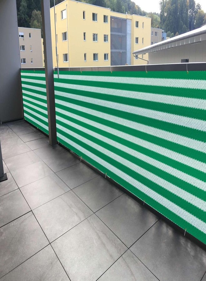 GREEN DECOR شبكة شرفة قابلة للطي ذاتيًا من البولي إيثيلين عالي الكثافة مخططة من جرين ديكور مع حلقات من الفولاذ المقاوم للصدأ وأربطة كابلات | شبكة أمان للأطفال الرضع مقاومة للأشعة فوق البنفسجية وجيدة التهوية للشرفة، وحاجز درابزين الدرج (لون أخضر وأبيض، 2.50 × 1 متر) - Image 2