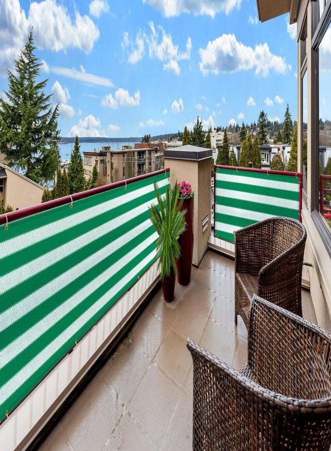 GREEN DECOR شبكة شرفة قابلة للطي ذاتيًا من البولي إيثيلين عالي الكثافة مخططة من جرين ديكور مع حلقات من الفولاذ المقاوم للصدأ وأربطة كابلات | شبكة أمان للأطفال الرضع مقاومة للأشعة فوق البنفسجية وجيدة التهوية للشرفة، وحاجز درابزين الدرج (لون أخضر وأبيض، 2.50 × 1 متر) - Image 1