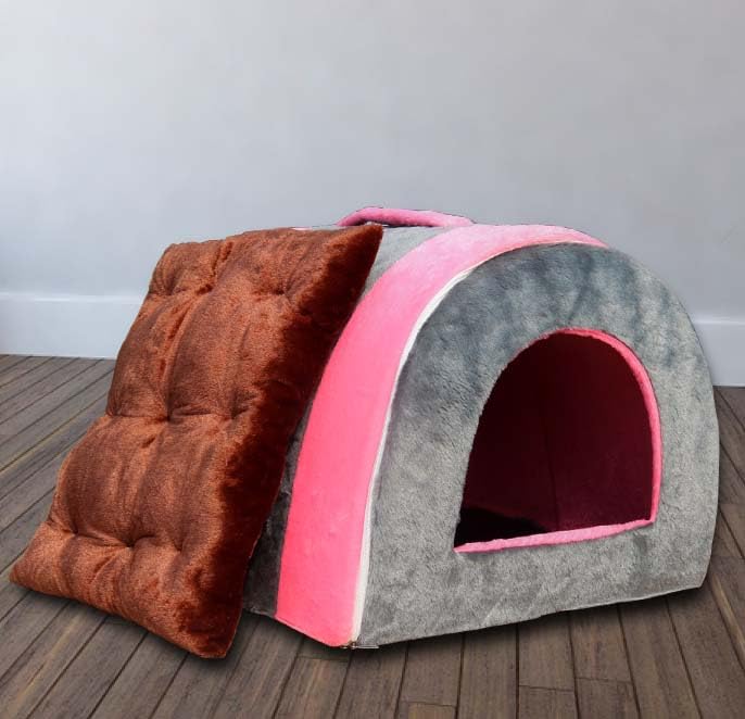 Homecute Igloo Dog House, Portable Bed for Dog and Cat with Removable Cushion, 2 in 1 Cosy & Comfortable Pet House,Washable, Safe & Hygienic House Cave for All Pets (Pink & Gray, Small) - Image 2