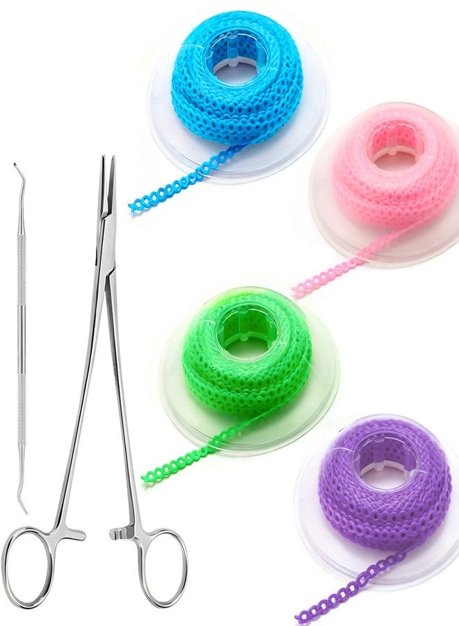 WTYPOPK 4 Rolls Power Chain for Braces with Changing Kit (Orthodontic Pliers and Probe), Continuous Rubber Braces Power chains, DIY Dental Braces Color Change at Home (Blue, Green, Pink, Purple) - Image 1