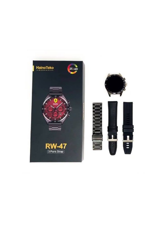 Haino Teko Smart watch from Haino Teko Haino Teko RW47 High resolution AMOLED screen The watch case is made of rust-resistant zinc IP68 water resistant It comes with 3 metal, silicone, and leather bands - Image 1