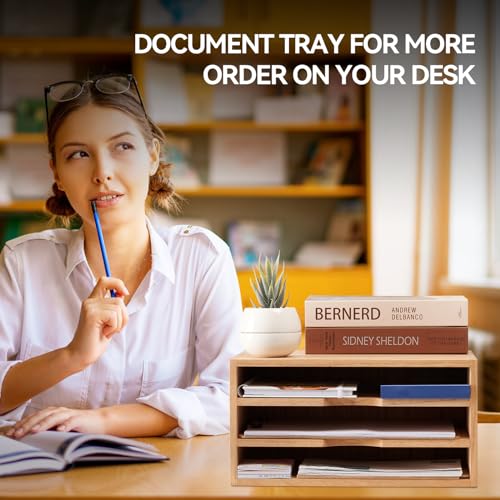 KIRIGEN Wooden Desktop Organizer Paper Storage Letter Tray File Sorter - Desk Rack Magazine File Dividers Holders for Home Office Accessories Wood Desk Cabinet with 3 Layer Trays Natural(3KWJG-NA) - Image 5
