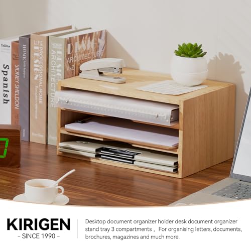 KIRIGEN Wooden Desktop Organizer Paper Storage Letter Tray File Sorter - Desk Rack Magazine File Dividers Holders for Home Office Accessories Wood Desk Cabinet with 3 Layer Trays Natural(3KWJG-NA) - Image 3