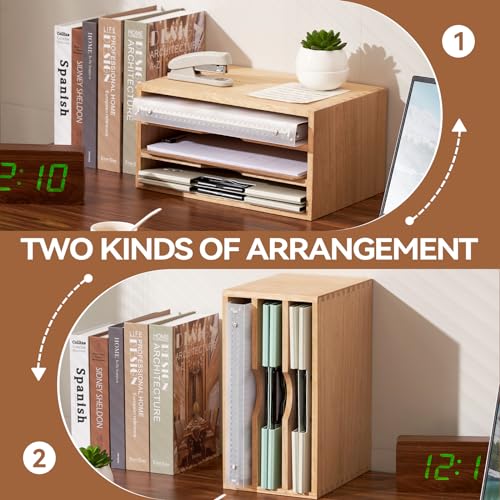 KIRIGEN Wooden Desktop Organizer Paper Storage Letter Tray File Sorter - Desk Rack Magazine File Dividers Holders for Home Office Accessories Wood Desk Cabinet with 3 Layer Trays Natural(3KWJG-NA) - Image 2