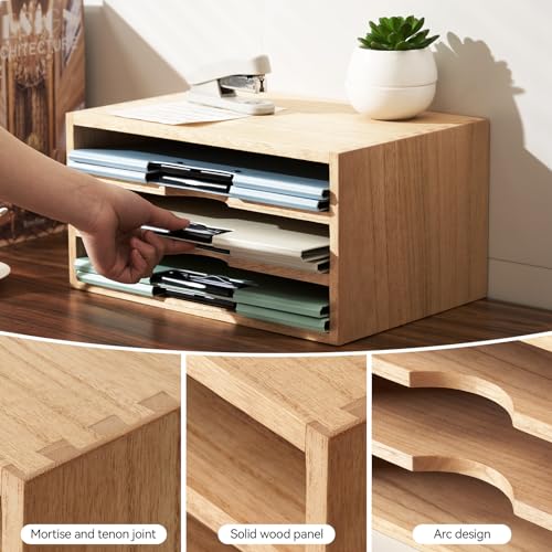 KIRIGEN Wooden Desktop Organizer Paper Storage Letter Tray File Sorter - Desk Rack Magazine File Dividers Holders for Home Office Accessories Wood Desk Cabinet with 3 Layer Trays Natural(3KWJG-NA) - Image 4