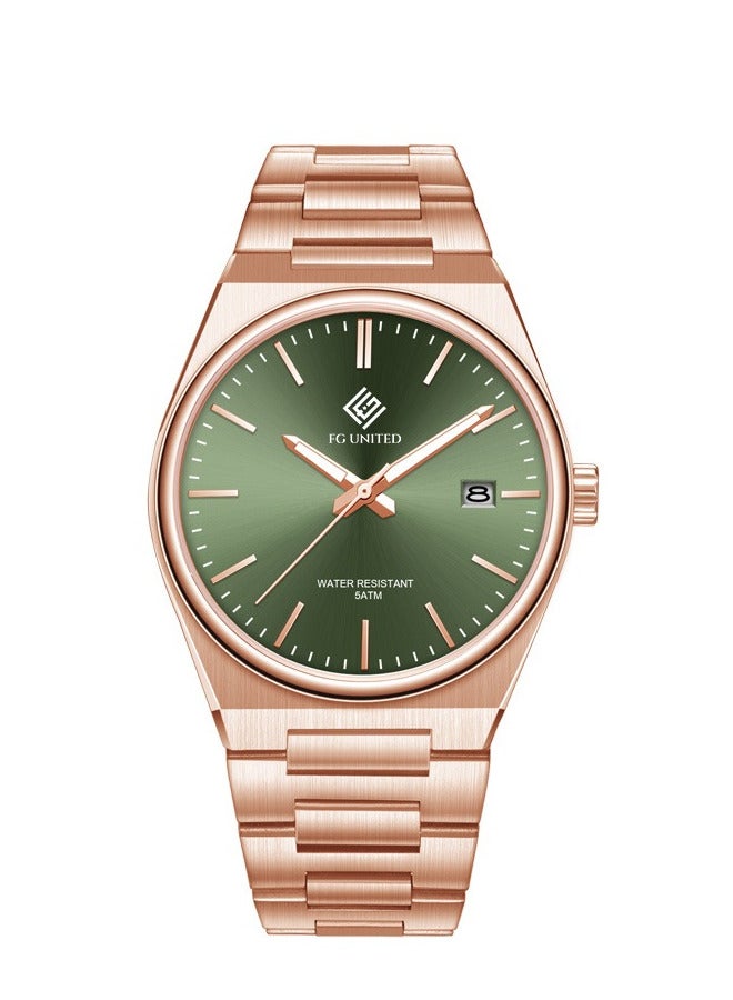 FG UNITED ساعة رجالية فاخرة بتصميم لامع بعيار كوارتز بلون وردي ذهبي مع قرص أخضر 40 مم - FG5004