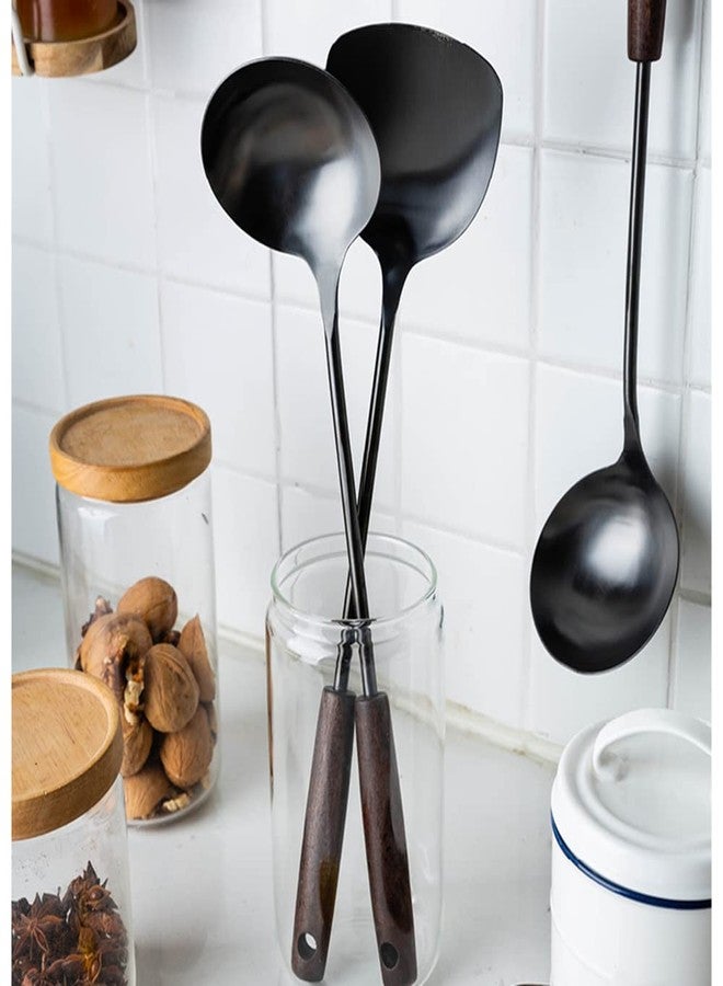 Marte Wok Spatula and Ladle,Skimmer Ladle Tool Set,15 Inches 18/10 Stainless Steel Vintage Wok Utensils,Wok Spatula and Ladle Set with Solid Wooden Handle，Wok Accessories with Natural Cleaning Loofah Sponge - Image 3