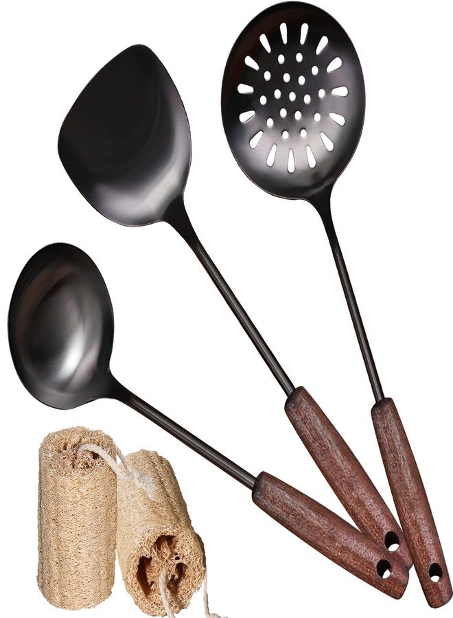 Marte Wok Spatula and Ladle,Skimmer Ladle Tool Set,15 Inches 18/10 Stainless Steel Vintage Wok Utensils,Wok Spatula and Ladle Set with Solid Wooden Handle，Wok Accessories with Natural Cleaning Loofah Sponge - Image 1