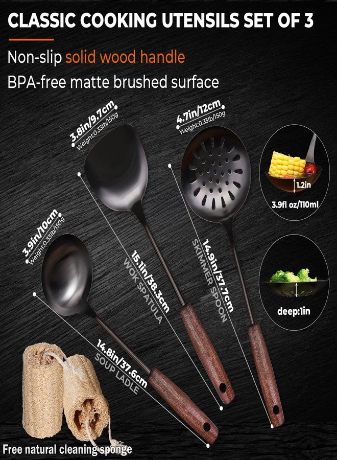 Marte Wok Spatula and Ladle,Skimmer Ladle Tool Set,15 Inches 18/10 Stainless Steel Vintage Wok Utensils,Wok Spatula and Ladle Set with Solid Wooden Handle，Wok Accessories with Natural Cleaning Loofah Sponge - Image 2