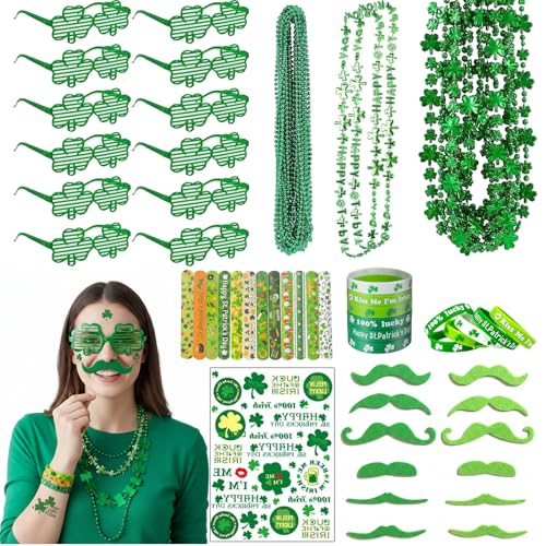 100 PCS St Patricks Day AccessoriesSt Patricks Day Accessories for WomenLoose eyeglasses bracelets slapsticks beards temporary tattoos necklaces - Image 1
