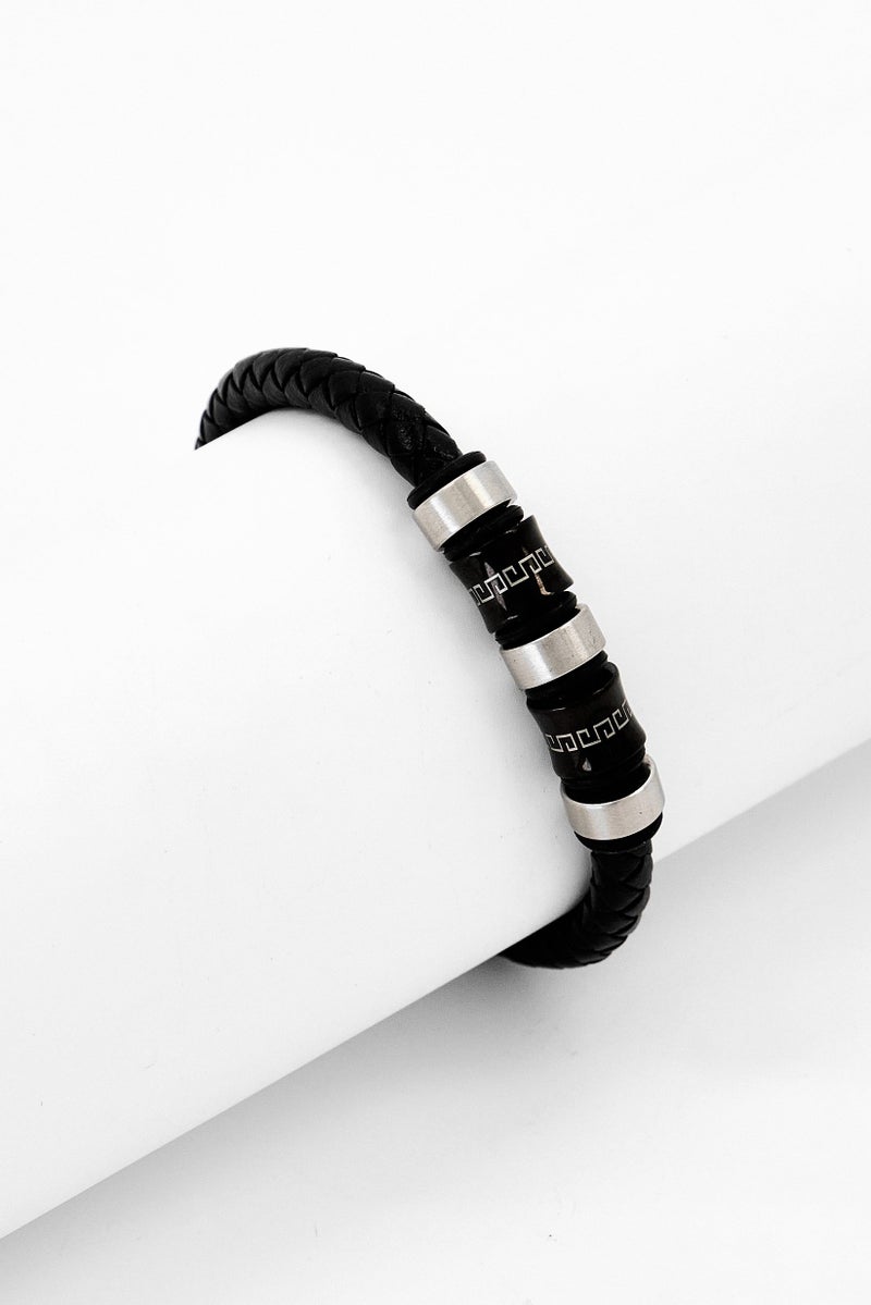 Steeltime Men Black Braided Leather Stainless Steel Beads Bracelet, Black - Image 1