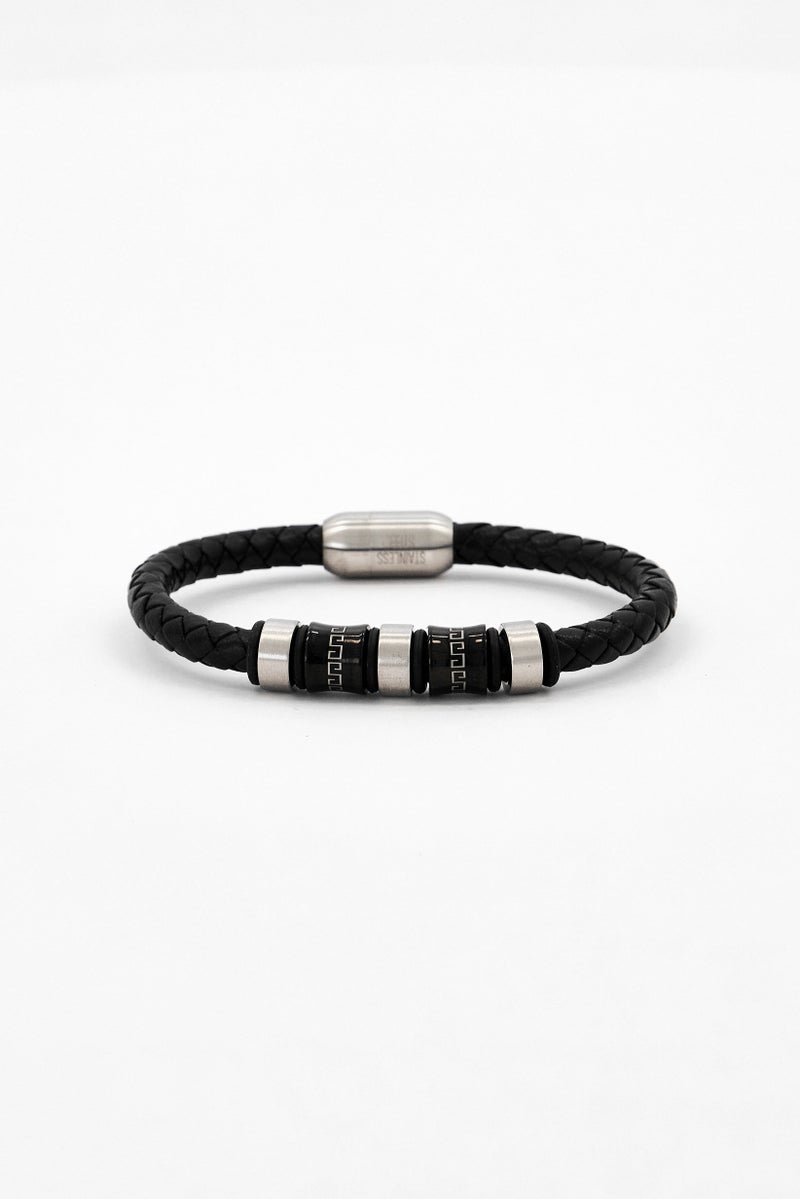 Steeltime Men Black Braided Leather Stainless Steel Beads Bracelet, Black - Image 2